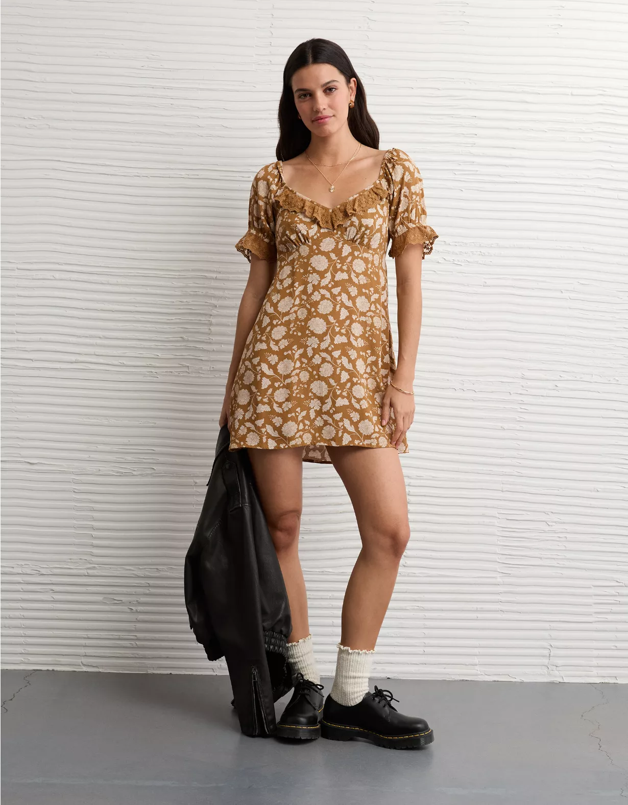 AE Printed Lace Tie Front Mini Dress