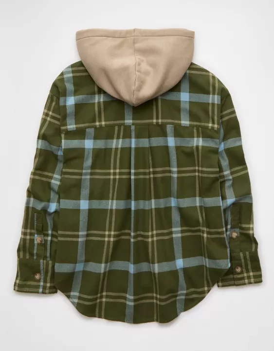 AE Plaid Hooded Button-Up Shirt - Image 4