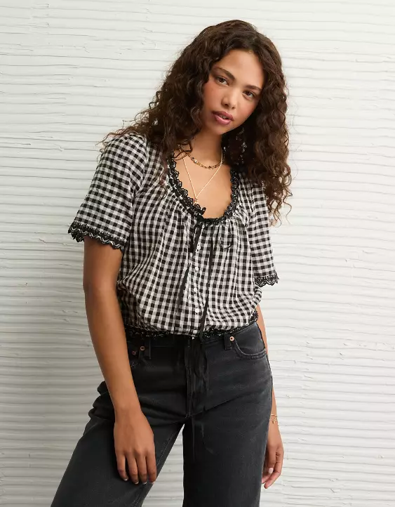 AE Short-Sleeve Gingham Button-Up Blouse - Image 2