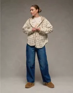 AE Plaid Hooded Button-Up Shirt