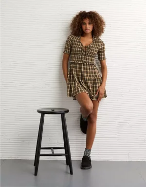 AE Puff Sleeve Tie Front Plaid Mini Dress