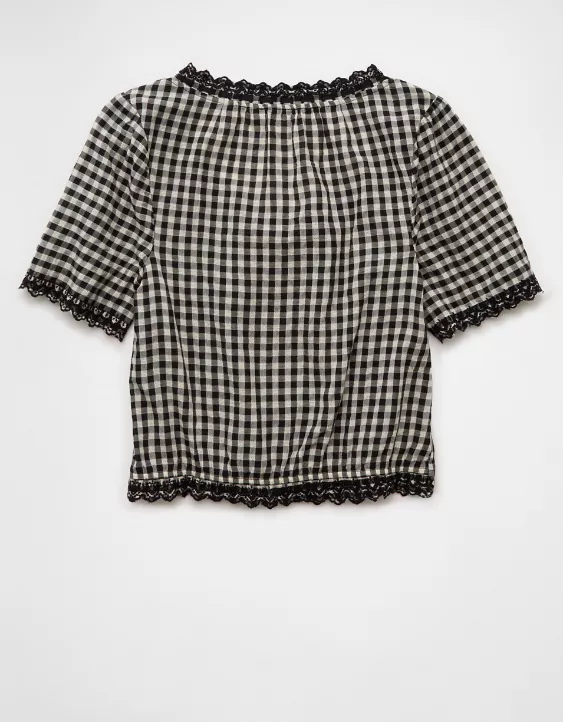 AE Short-Sleeve Gingham Button-Up Blouse - Image 5
